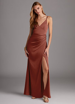 Azazie Shania Bridesmaid Dresses Auburn Sheath V-Neck Pleated Stretch Satin Dress image1