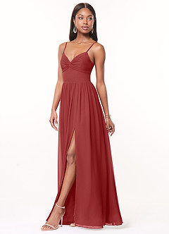 Azazie Zeya Bridesmaid Dresses Rust A-Line V-Neck Pleated Chiffon Dress image4