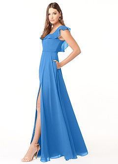 Azazie Jinny Vestidos de damas de honor Vestido de Azul Grisaceo de Gasa de Corte en A con Cuello Cuadrado Acanalado image3