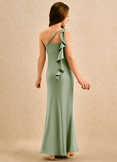 Azazie Almond Girls Formal Sukienki dla dziewczynek sypiących kwiaty Osłona Jedno ramię Satyna elastyczna Długość podłogi Sukienka image1