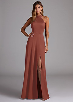 Azazie Myra Robes de demoiselle d'honneur Robe Trapèze en Satin extensible Fente Latérale Auburn image1