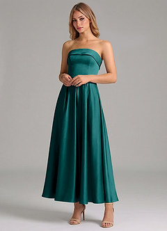 Azazie Lucienne Bridesmaid Dresses Peacock A-Line Pleated Stretch Satin Dress image4