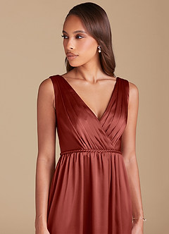 Azazie Tanicia Bridesmaid Dresses Terracotta A-Line Pleated Metallic Satin Dress image2
