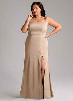 Azazie Frostine Bridesmaid Dresses Taupe A-Line Bow Stretch Satin Dress image10