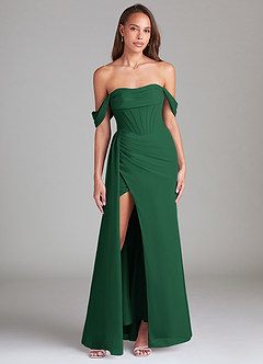Azazie Amyra Bridesmaid Dresses Dark Green Sheath Off the Shoulder Chiffon Convertible Dress image1