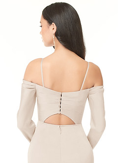 Azazie Hallie Bridesmaid Dresses White Alabaster Sheath Off-The-Shoulder Long Sleeve Stretch Satin Convertible Dress image8