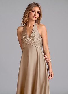 Azazie Tessie Bridesmaid Dresses Taupe A-Line Pleated Stretch Satin Dress image6