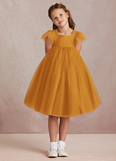 Azazie Kalio Robe Demoiselle D'honneur Fillette Robe Trapèze en Tulle avec manches Caramel écossais image2
