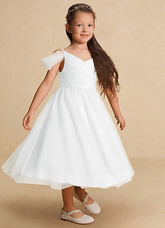 Azazie Lizzette Flower Girl Dresses Diamond White A-Line Ruched Tulle Dress image4