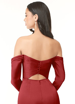 Azazie Hallie Bridesmaid Dresses Pomegranate Sheath Off-The-Shoulder Long Sleeve Stretch Satin Convertible Dress image7