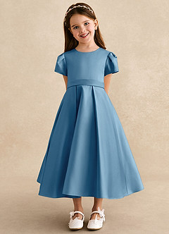 Azazie Princess vestidos de niña de las flores Vestido de Azul Acero de Satin Mate de Corte En A con Plisado image6
