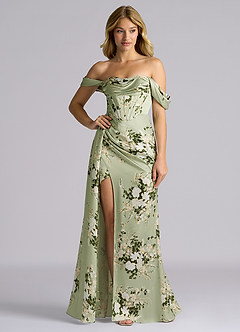 Azazie Amyra Vestidos de damas de honor Vestido de Enredaderas Florales de Satén Elástico de Corte Sirena Convertible con Vestidos sin tirantes image3