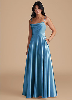 Azazie Elle Bridesmaid Dresses Steel Blue A-Line with Pockets Metallic Satin Dress image1