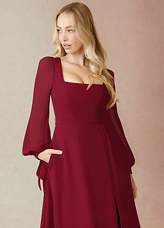 Azazie Leonia Bridesmaid Dresses Burgundy A-Line Long Sleeve Chiffon Dress image6