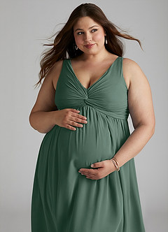Azazie Yetta Maternity Bridesmaid Dresses A-Line V-Neck Gathered Chiffon Floor-Length Dress image8