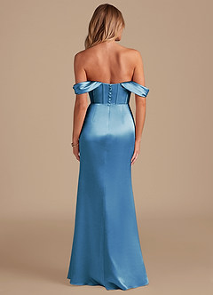 Azazie Asha Bridesmaid Dresses Steel Blue Sheath Off the Shoulder Metallic Satin Dress image7
