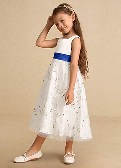Azazie Pollie Flower Girl Dresses Ivory Royal Blue A-Line Bow Tulle Dress image8