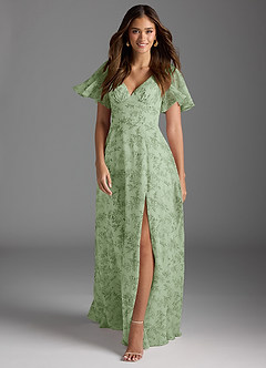 Azazie Kimber Bridesmaid Dresses Green Fern Floral A-Line Flounce Sleeve Chiffon Dress image1