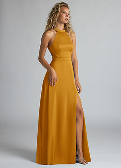 Azazie Clarice Bridesmaid Dresses Butterscotch A-Line High Neck Stretch Satin Dress image2