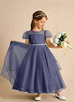 Azazie Duckie Abiti da Ragazza di Fiori Abito Principessa in Tulle Plissettato Stormy image3