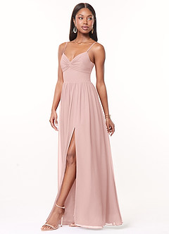 Azazie Zeya Vestidos de damas de honor Vestido de Rosa Empolvado de Gasa de Corte en A con Cuello en V plisado image2