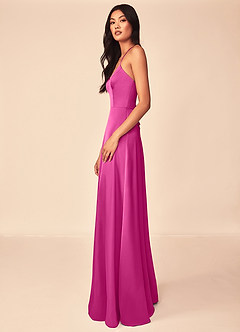 Azazie Mei Bridesmaid Dresses Fuchsia A-Line V-Neck Stretch Satin Dress image4