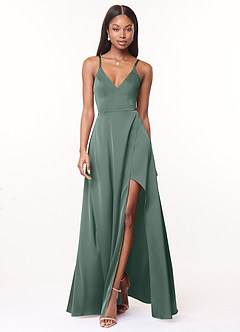 Azazie Maksim Vestidos de madrinha de casamento Vestido Musgo Marinho de Cetim elástico de Linha A image1