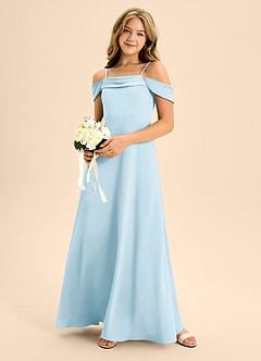 Azazie Anselie Junior Sky Blue A-Line Off the Shoulder Stretch Satin Dress image1