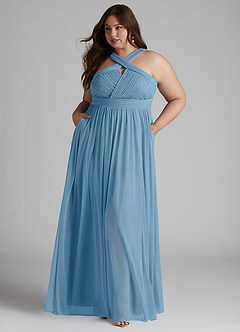 Azazie Hillian Abiti da Damigella Abito A-Line in Maglia con Scollo Halter a Pieghe Blu Acciaio image8