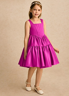 Azazie Myla Flower Girl Dresses Fuchsia A-Line Pleated Matte Satin Dress image4