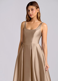 Azazie Amalie Bridesmaid Dresses Taupe A-Line Pleated Stretch Satin Dress image6