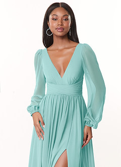 Azazie Norah Bridesmaid Dresses Aqua A-Line V-Neck Long Sleeve Chiffon Dress image5