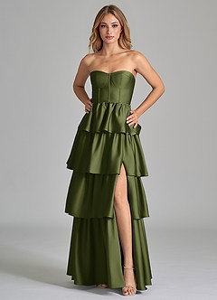 Azazie Faye Bridesmaid Dresses Olive A-Line Ruched Stretch Satin Dress image5