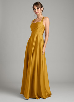 Azazie Shaude Bridesmaid Dresses Butterscotch A-Line Pleated Stretch Satin Dress image5