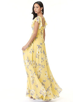Azazie Bondi Robes de demoiselle d'honneur Robe Trapèze en Mousseline de soie Volant Sorbet Au Citron,Fleurs Du Nouvel An image5