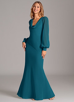 Azazie Jaxine Bridesmaid Dresses Ink Blue Mermaid Long Sleeve Chiffon Dress image1