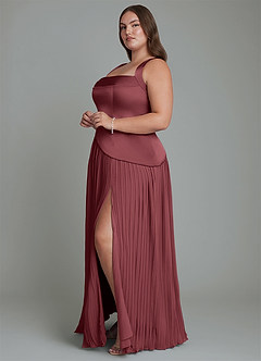 Azazie Stephanie Vestidos de damas de honor Vestido Merlot de Satén Elástico de Línea A con Plisado image10