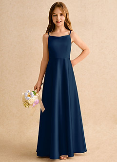 Azazie Joella Girls Formal Flower Girl Dresses Dark Navy A-Line Pleated Stretch Satin Dress image3