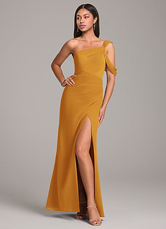 Azazie Wynter Bridesmaid Dresses Butterscotch Sheath Off the Shoulder Chiffon Dress image4