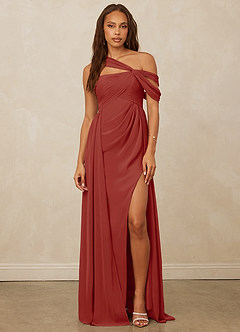 Christian Siriano Bridal for Azazie 1014 Bridesmaid Dresses Terracotta A-Line Off the Shoulder Chiffon Dress image4