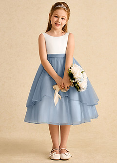Azazie Rene vestidos de niña de las flores Vestido de Marfil Azul Polvoriento de Tul de Corte En A con Lazo image6