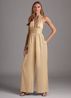 Azazie Oli Bridesmaid Dresses Champagne Pleated Stretch Satin Jumpsuit image4