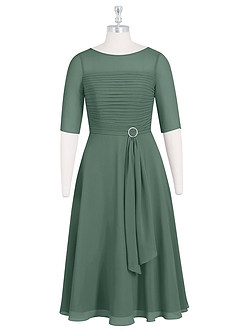 Azazie Naomi Mother of the Bride Dresses Sea Moss A-Line Boatneck Pleated Chiffon Dress image7