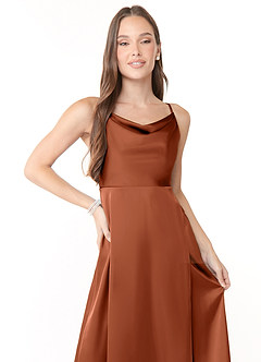 Azazie Naomie Bridesmaid Dresses Cedar Rose A-Line Cowl Neckline Side Slit Stretch Satin Dress image5