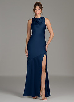 Azazie Kiara Vestidos de damas de honor Vestido de Azul Marino Oscuro de Satén Elástico de Corte Sirena con Plisado image4