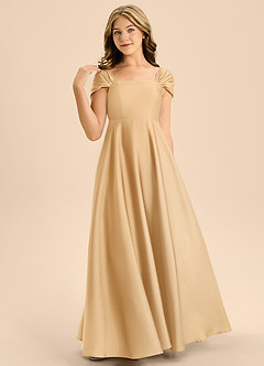 Azazie Rowena Junior Gold A-Line Bow Stretch Satin Dress image4