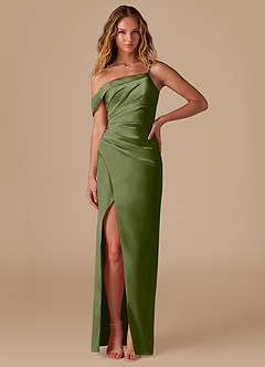 Azazie Lia Bridesmaid Dresses Olive Sheath Off the Shoulder Metallic Satin Dress image1