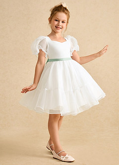 Azazie Debbie Flower Girl Dresses Ivory Agave Ball-Gown Sweetheart Neckline Organza Dress image4
