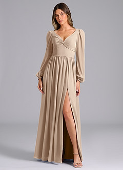 Azazie Teri Bridesmaid Dresses Taupe A-Line Long Sleeve Chiffon Dress image4