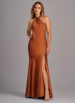 Azazie Lorena Bridesmaid Dresses Cinnamon Mermaid Pleated Stretch Satin Dress image1